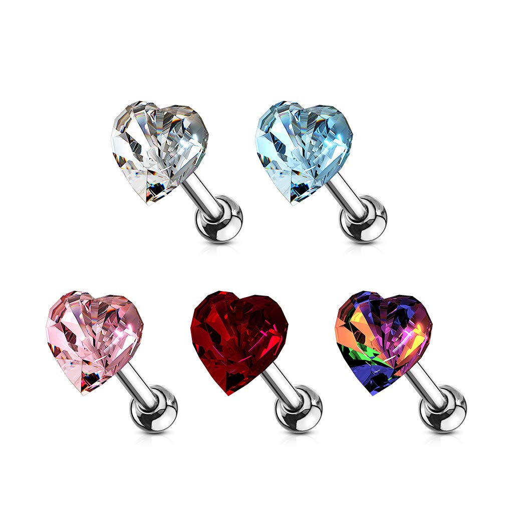 Amelia Fashion 16 Gauge Crystal Heart Top Tragus/Cartilage Barbell Stud 316L Surgical Steel Length 6mm (Choose Color) (Vitrail Light)