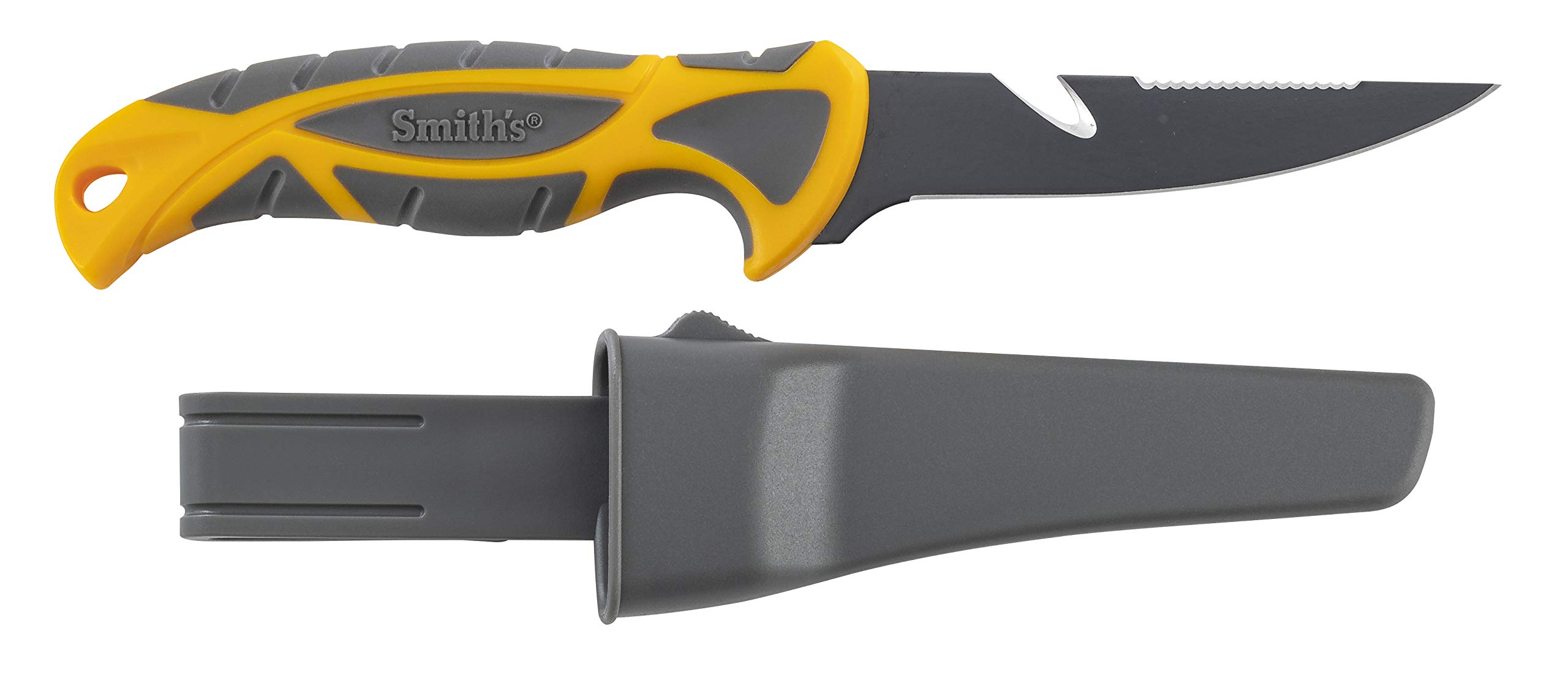 Smith’s 4” Lawaia Baitbreaker Fillet Knife w/ Gut Hook – Yellow & Grey – Corrosion-Resistant Stainless-Steel Blade - Serrated Edge - Plastic Sheath w/ Clip – Ergonomic Handle – Razor Sharp