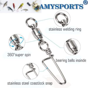 AMYSPORTS High Strength Fishing Snap Swivels Ball Bearing, Stainless Fishing Swivels Saltwater Corrosion Resistance Barrel Swivel for Freshwater Fishing 25pcs 18lbs