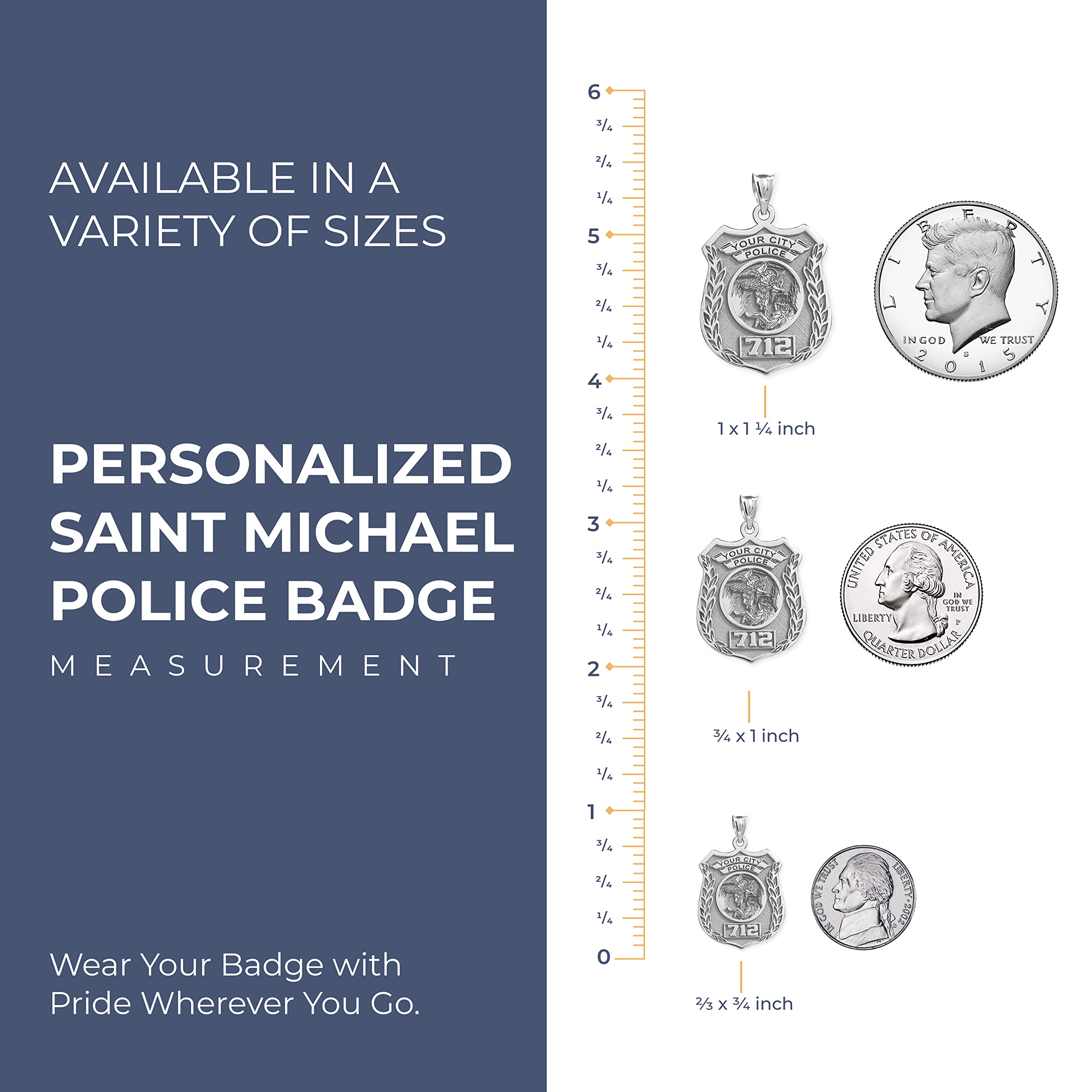 PicturesOnGold.com Solid Sterling Silver Saint Michael Personalized Police Badge with Department & Badge Number - Size 2/3 x 3/4 Inch