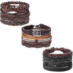 HANPABUM 18pcs Braided Leather Bracelets for Men Women Woven Cuff Wrap Bracelet Wood Beads Ethnic Tribal Bracelets Adjustable