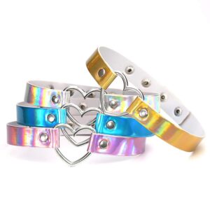 Jurxy 3PCS Heart Choker Necklace PU Leather Goth Choker Collar with Heart Punk Fluorescence Collar Adjustable Size – Blue White Pink