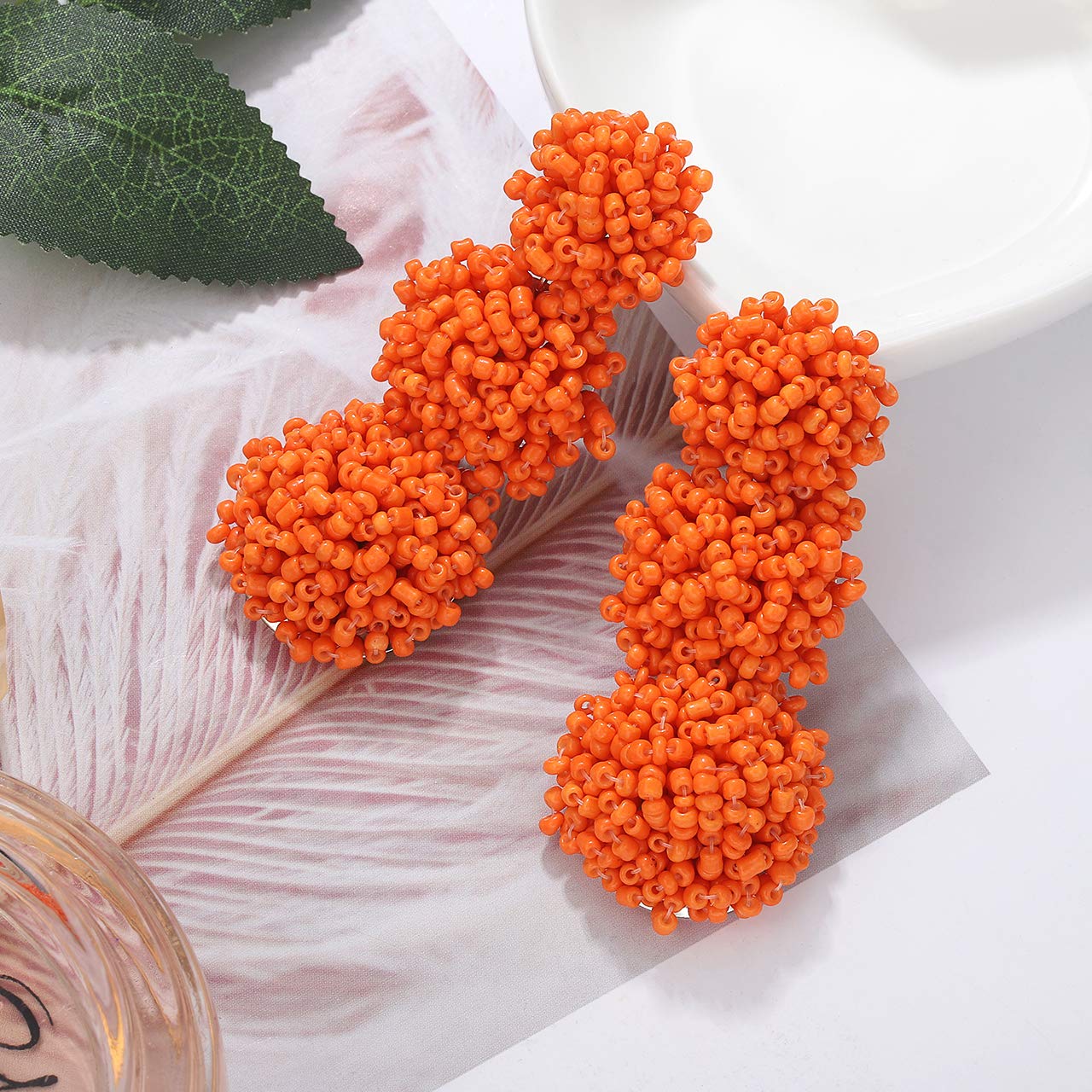 Statement Beaded Earrings Bohemian Handmade Layered Drop Dangle Earring Long Triple Acrylic Seed Bead Stud Earring for Women (Orange)