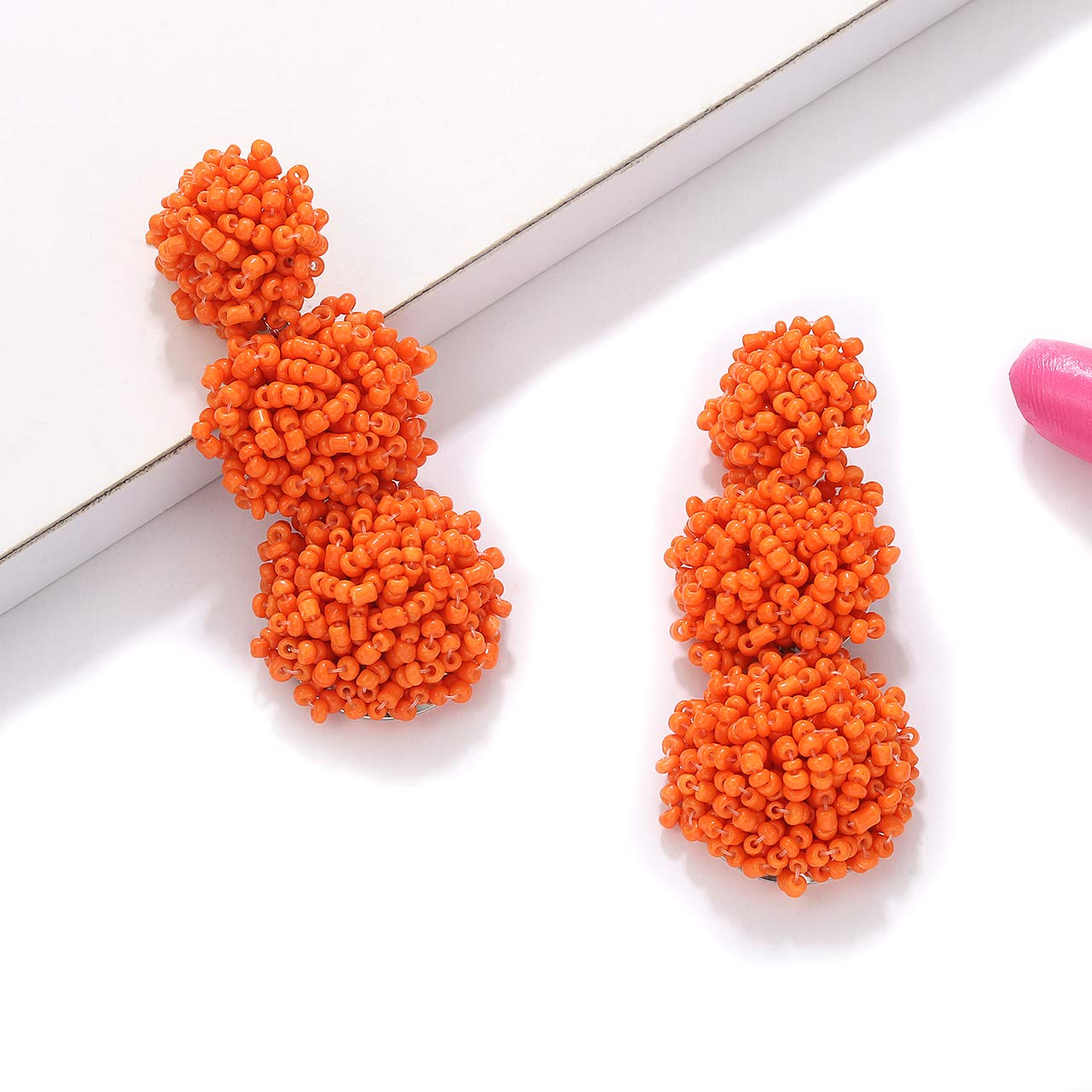 Statement Beaded Earrings Bohemian Handmade Layered Drop Dangle Earring Long Triple Acrylic Seed Bead Stud Earring for Women (Orange)