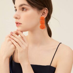 Statement Beaded Earrings Bohemian Handmade Layered Drop Dangle Earring Long Triple Acrylic Seed Bead Stud Earring for Women (Orange)