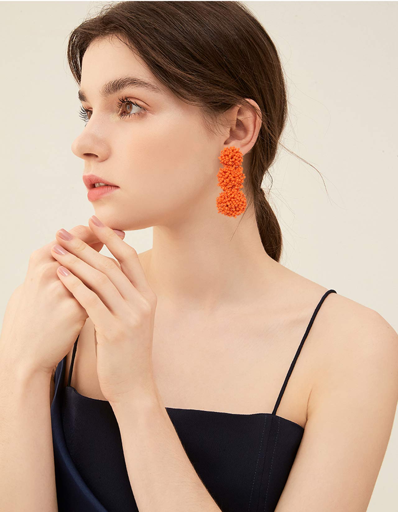 Statement Beaded Earrings Bohemian Handmade Layered Drop Dangle Earring Long Triple Acrylic Seed Bead Stud Earring for Women (Orange)