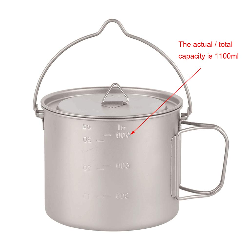 LIXADA 1100ml/2800ml Titanium Pot Ultralight Portable Hanging Pot with Lid and Foldable Handle Outdoor Camping Hiking Backpacking (1100ml)