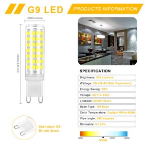 YUIIP G9 LED Light Bulb 7W Dimmable 50W 60W Halogen Bulbs Equivalent Daylight White 6000k AC120V Lamp G9 Bi Pin Base, Non-Flicker, 360°Beam Angle, Pack of 6