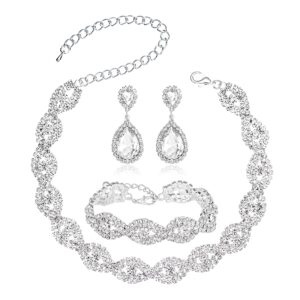 3 pack bridal rhinestone crystal statement choker necklace link bracelet and teardrop dangle earrings jewelry set