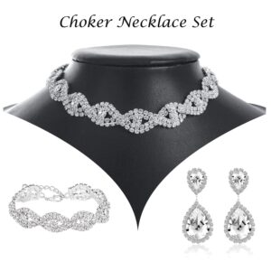 3 Pack Bridal Rhinestone Crystal Statement Choker Necklace Link Bracelet and Teardrop Dangle Earrings Jewelry Set