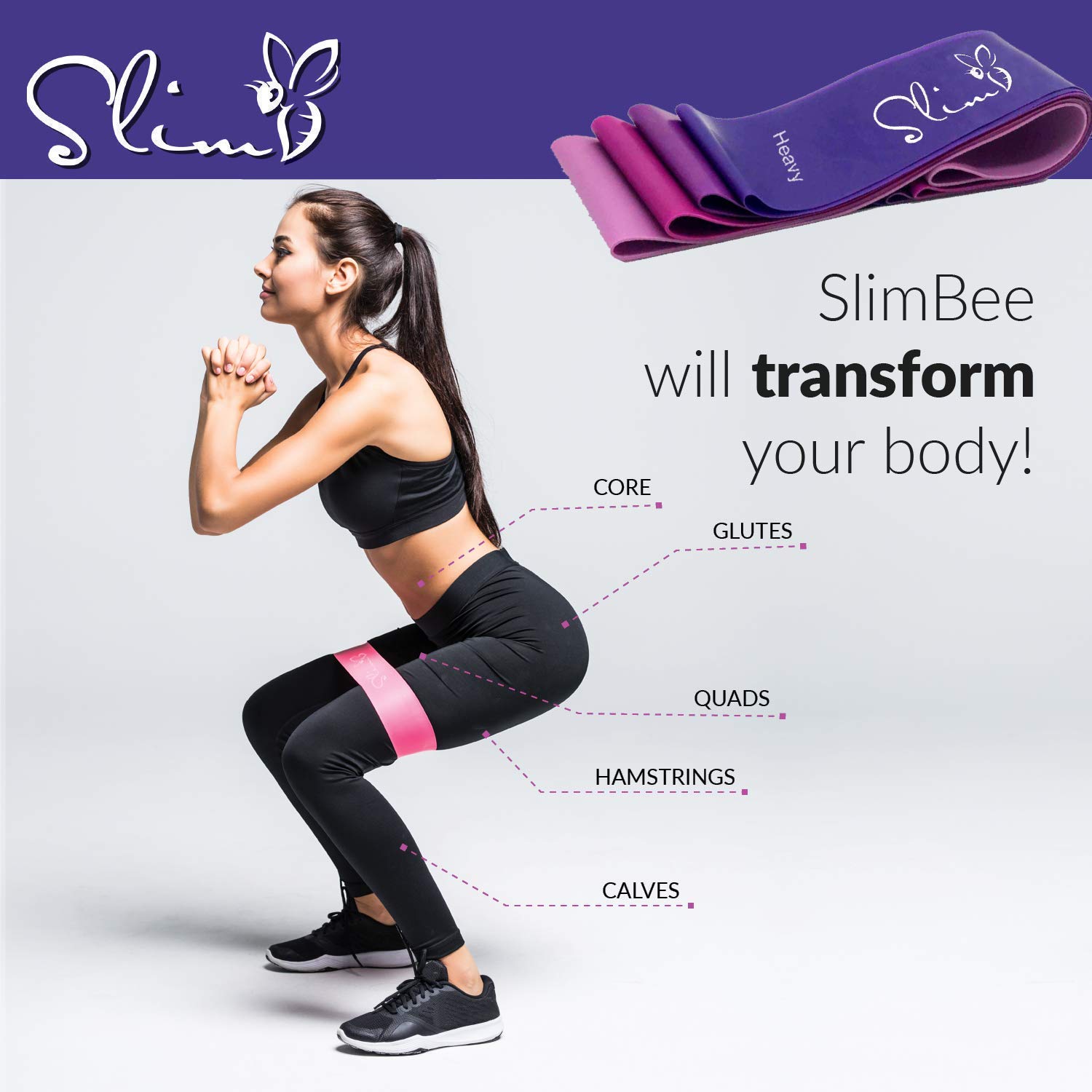 Slim Bee Resistance Work Out Bands Set with Carry Bag. Set of 4 - Home & Gym Workout Training Set - Exercise Workout Booty Bands for Legs, Butt and Arms