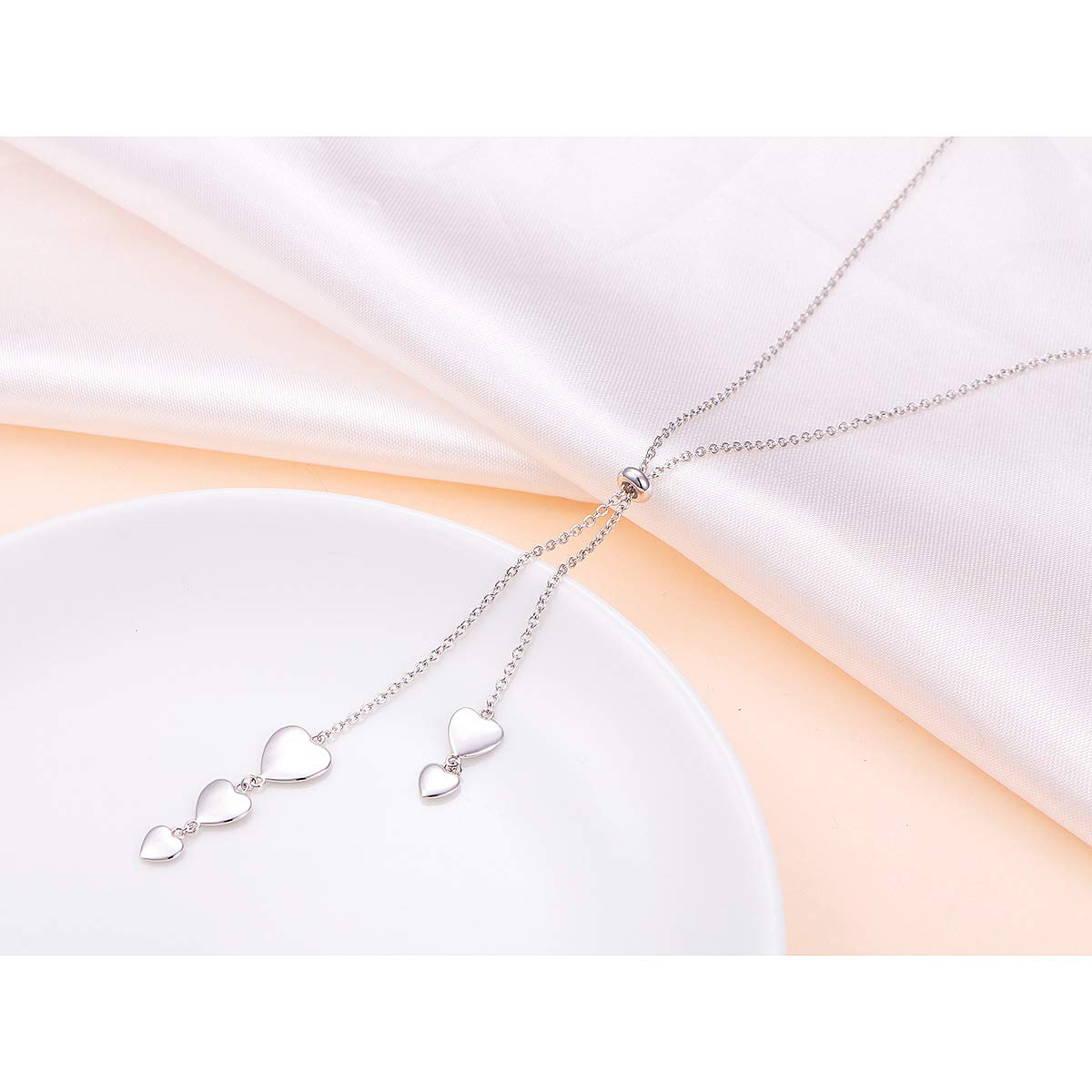 YinShan Long Chain Dainty Necklace Simple Style 925 Sterling Silver Pendant Adjustable Y Shaped Back Necklace Jewelry (multiple heart)