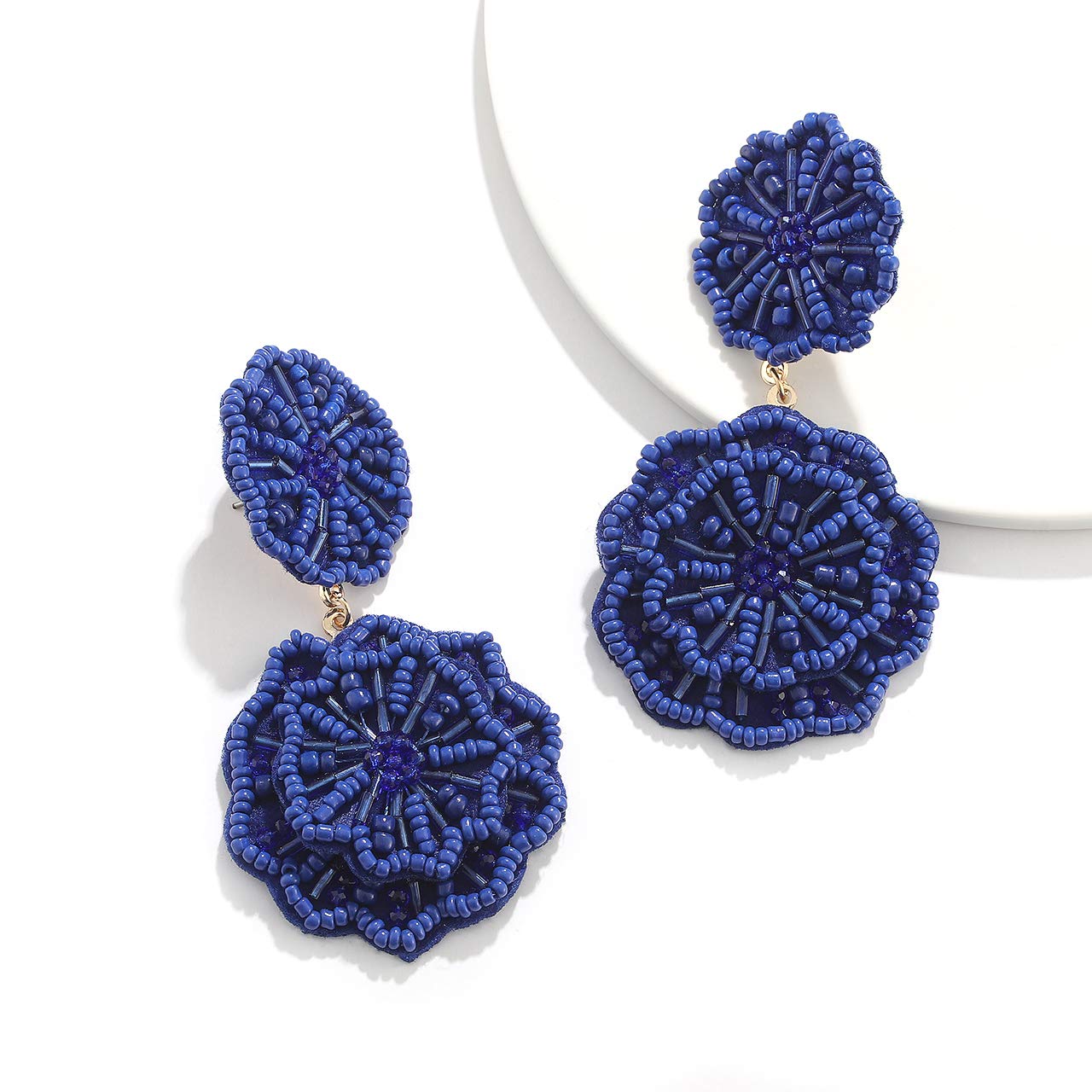 HSWE Statement Beaded Drop Earrings for Women Layered Bead Dangle Earrings (Blue)