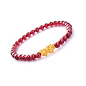 MANRUO Feng Shui The Best Prosperity Red Bead Garnet Bracelet with One Golden Pi Xiu/Pi Yao Lucky Wealthy Amulet Brecelet Jewelry