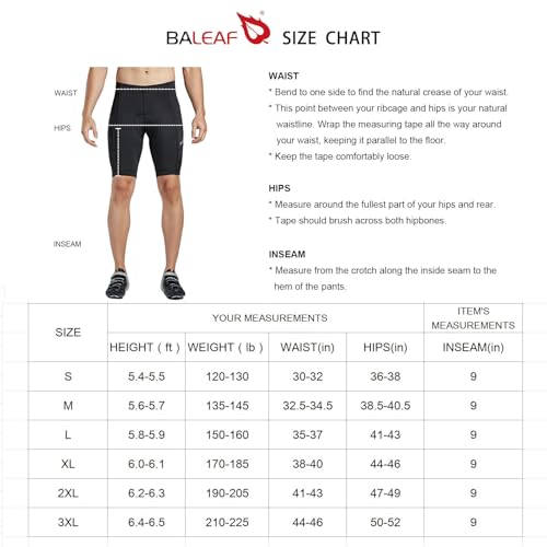 BALEAF Padded Bike Shorts for Men Cycling Shorts Padding Pockets UPF 50+ Black M