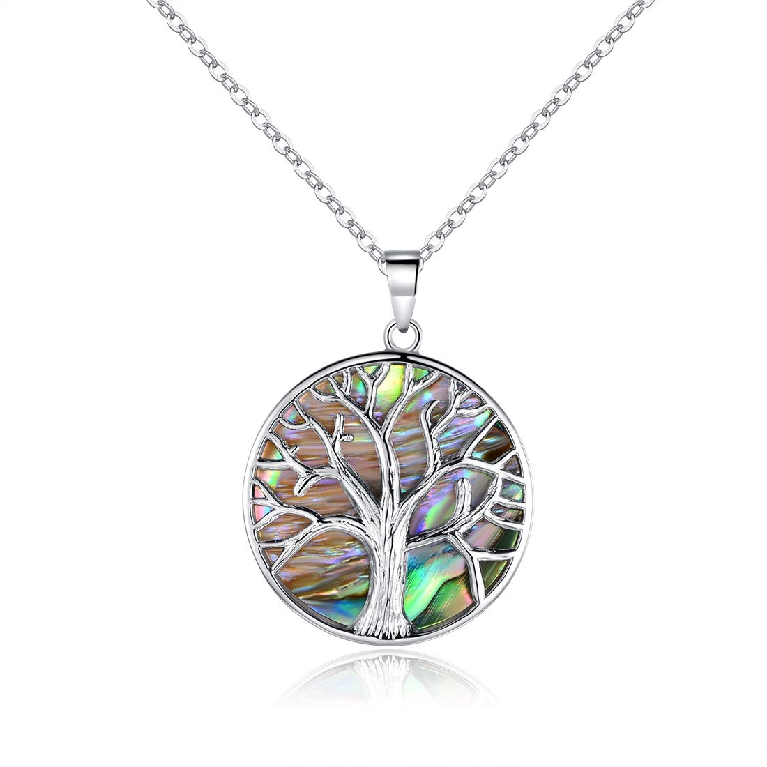 Barzel 18K White Gold Plated Created Abalone Shell Tree Of Life Necklace, 18 Inches with 2 Inches Extension - Made in Brazil