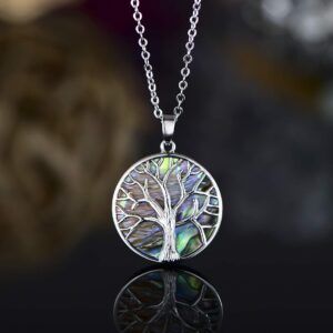 Barzel 18K White Gold Plated Created Abalone Shell Tree Of Life Necklace, 18 Inches with 2 Inches Extension - Made in Brazil