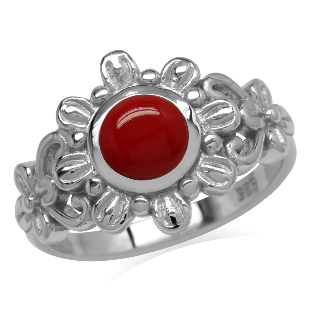 Silvershake 6mm Created Round Shape Red Coral 925 Sterling Silver Flower Solitaire Ring Size 8