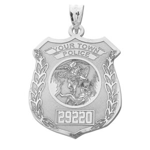 PicturesOnGold.com Solid Sterling Silver Saint Michael Personalized Police Badge with Department & Badge Number - Size 3/4 x 1 Inch