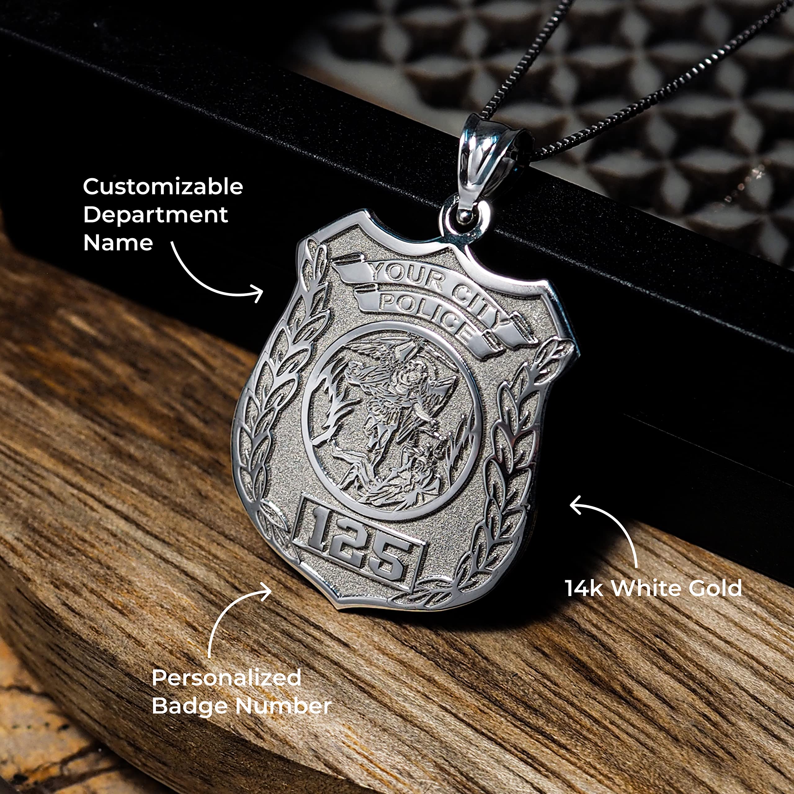 PicturesOnGold.com Solid Sterling Silver Saint Michael Personalized Police Badge with Department & Badge Number - Size 3/4 x 1 Inch