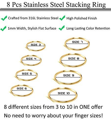 Rinspyre 8 Pieces Stainless Steel 1mm Women's Stacking Ring Set Plain Band Dainty Knuckle Midi Rings Comfort Fit Gold Tone