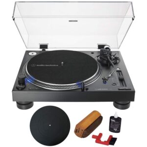 Audio-Technica Direct-Drive Professional DJ Turntable Black (AT-LP140XP-BK) with Essentials Bundle Includes Protective Turntable Platter and Vinyl Record Cleaning System