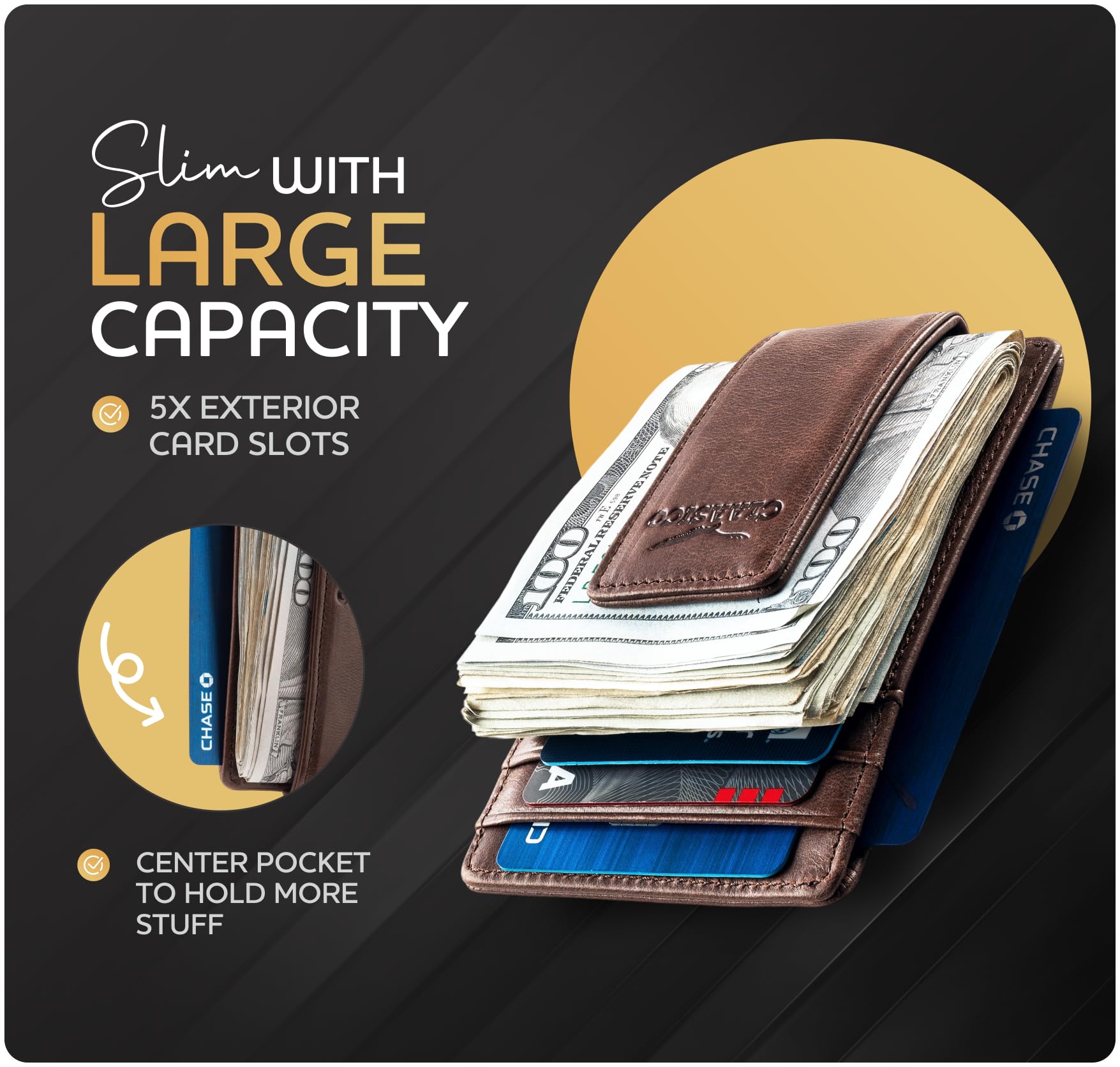 Money Clip Leather Wallet For Men Slim Front Pocket RFID Blocking with Super Strong Magnetic