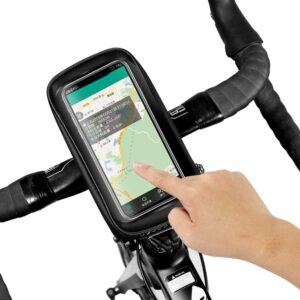 Bike Handlebar Bag, Waterproof Bicycle Frame Handlebar Bag Accessories Cycling Front Top Tube Pouch Pannier Bike Phone Mount Holder Stand for iPhone 15 14 13 12 11 Pro MAX XS XR Smartphone up to 6.7''