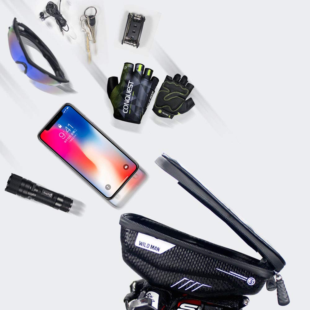 Bike Handlebar Bag, Waterproof Bicycle Frame Handlebar Bag Accessories Cycling Front Top Tube Pouch Pannier Bike Phone Mount Holder Stand for iPhone 15 14 13 12 11 Pro MAX XS XR Smartphone up to 6.7''