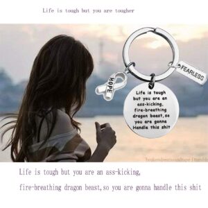 BEKECH Cancer Fighter Gift Awareness Ribbon Charm Cancer Survivor Keychain Life Is Tough But You Are Gonna Handle This Shit Keychain Survivor Recovery Jewelry Cancer Awareness Gifts (Silver)