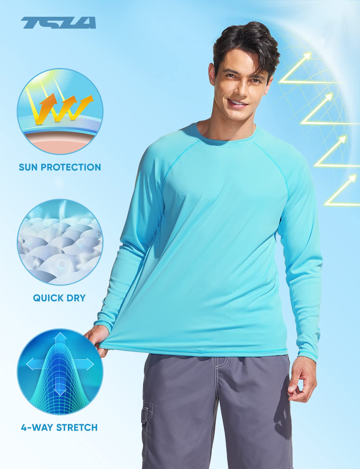 TSLA Men's Rashguard Swim Shirts, UPF 50+ Loose-Fit Long Sleeve Shirts, Cool Running Workout SPF/UV Sun Shirts, Sun Block Sky Blue, Large