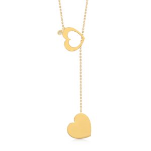 gelin 14k gold two heart y necklace with diamond | 14k solid gold lariat necklace, 18"