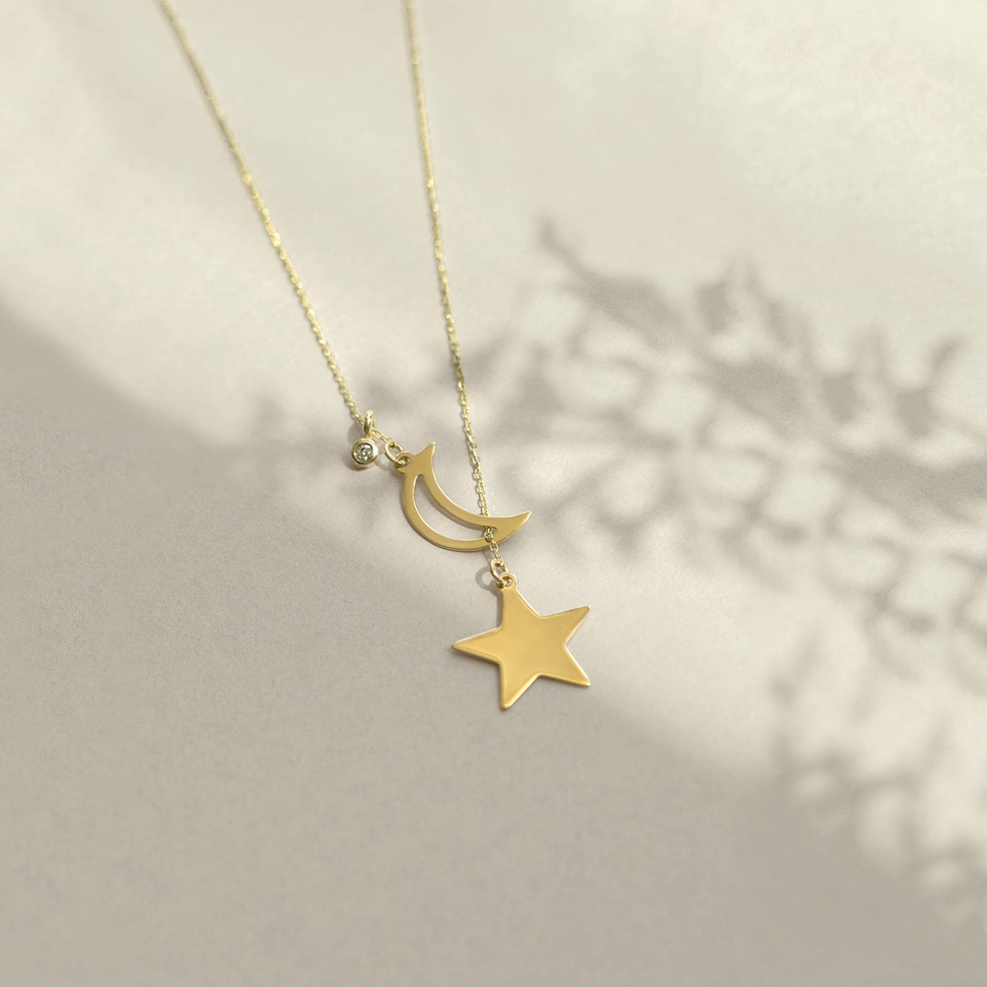 GELIN Star and Moon Y-Necklace in 14k Solid Gold | 14k Gold Lariat Y-Necklace for Women