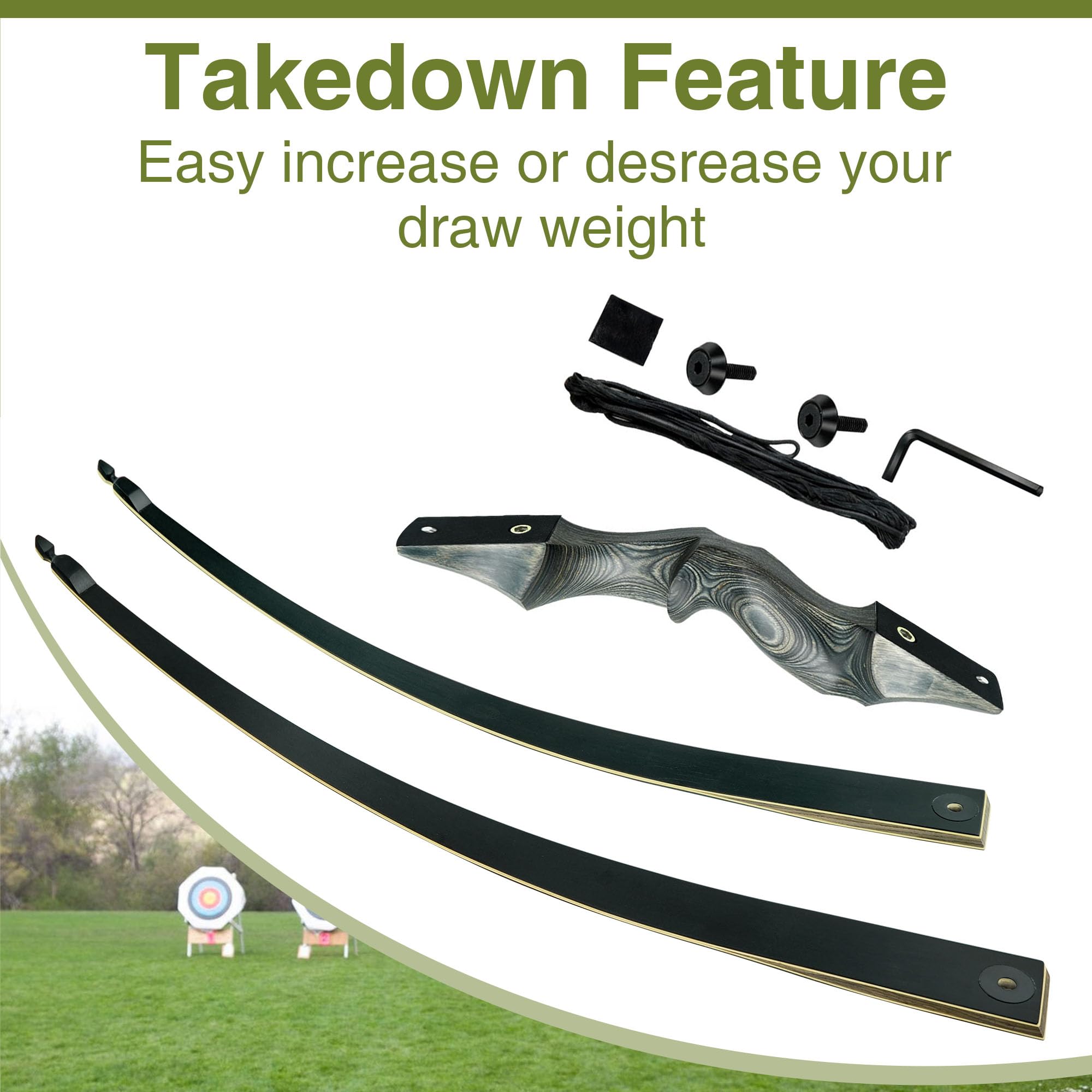 Black Hunter Takedown Longbow, GLURAK 60" Wooden Archery Bow Hunting Bow - Right Hand Bow for Beginner Training Practice, 40lb