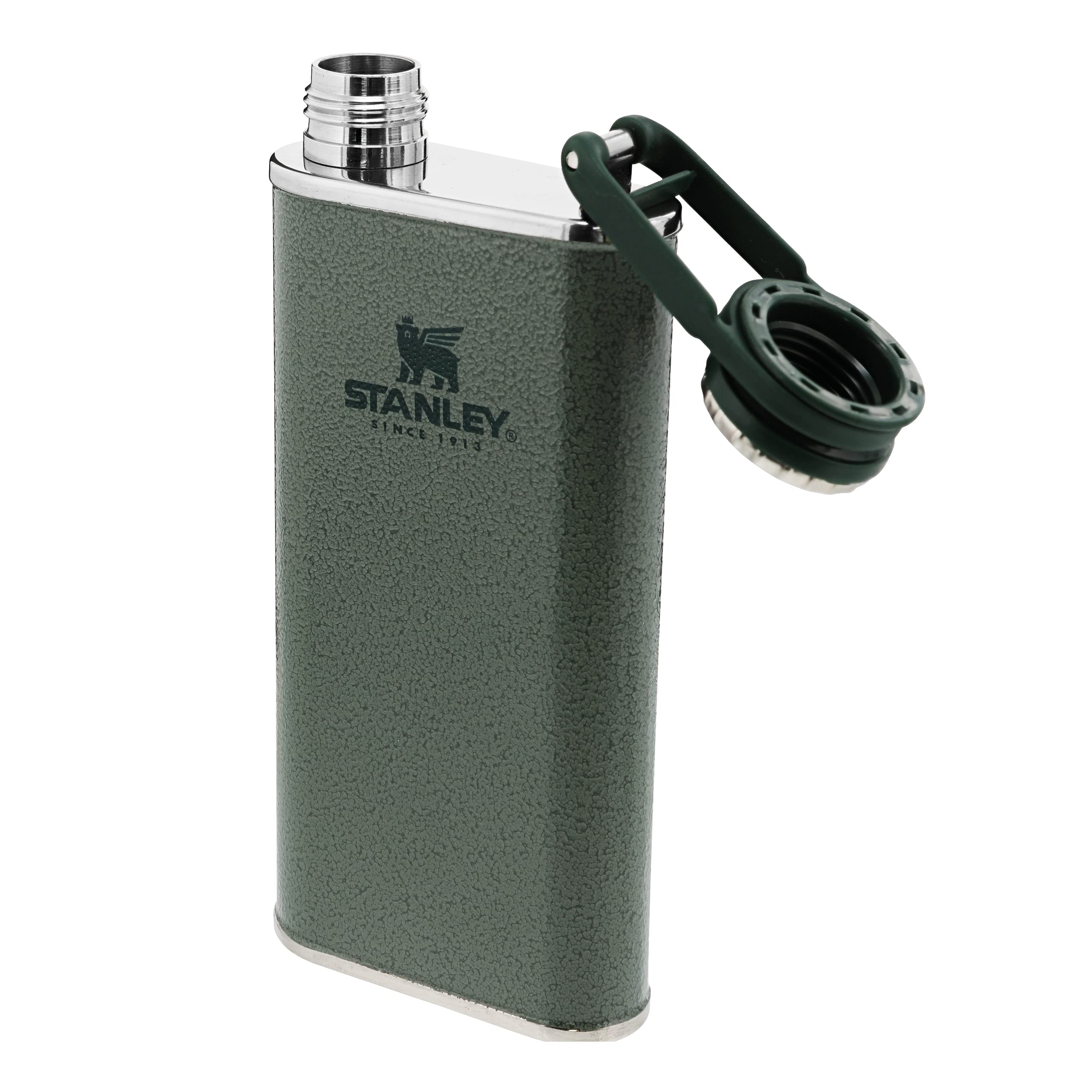 Stanley Classic Wide Mouth Flask 0.23L / 8OZ Hammertone Green with Never-Lose Cap – Wide Mouth Stainless Steel Hip Flask for Easy Filling & Pouring | BPA FREE Leakproof Flask | Lifetime Warranty