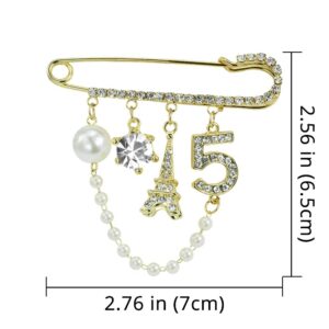 Mamfous Vintage Crown Number 5 Lapel Pins and Brooches for Women Rhinestone Jewelry with Simulated Pearl