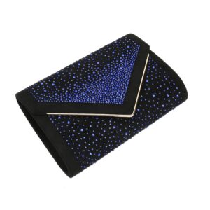 CHARMING TAILOR Envelope Purse Formal Faux Suede Clutch Rhinestone Evening Bag for Women Party Handbag (Black/blue)