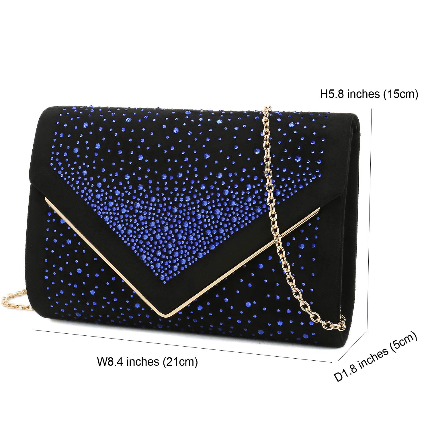 CHARMING TAILOR Envelope Purse Formal Faux Suede Clutch Rhinestone Evening Bag for Women Party Handbag (Black/blue)