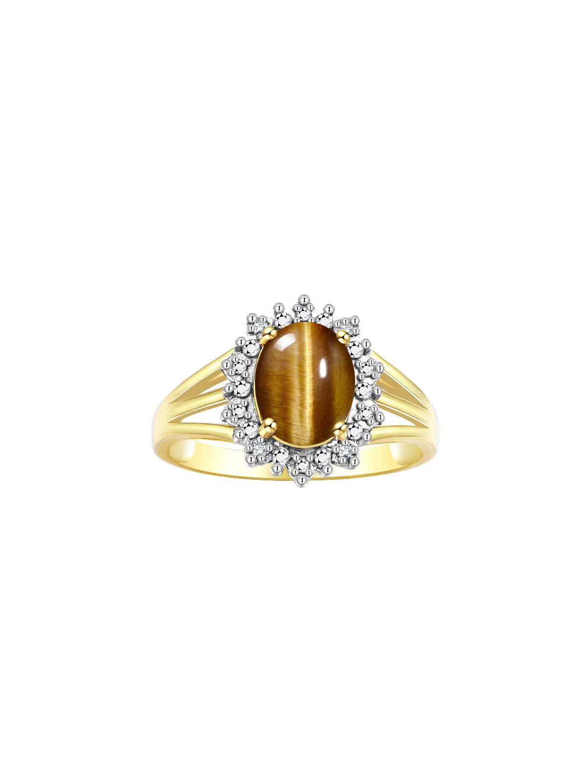 RYLOS Rings for Women 14K Gold Plated Silver Ring Princess Diana Inspired 9X7MM Gemstone & Halo of Diamonds Tiger Eye Jewelry for Women Size 10