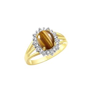 RYLOS Rings for Women 14K Gold Plated Silver Ring Princess Diana Inspired 9X7MM Gemstone & Halo of Diamonds Tiger Eye Jewelry for Women Size 10