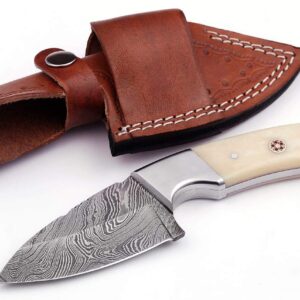 GladiatorsGuild DH76 Custom Made Full Tang Skinner Fixed Blade Small 8" Skinning Knife with Sheath Damascus Steel Pattern Welded DH76 (White)