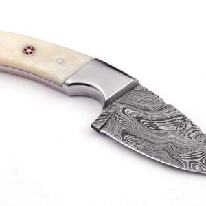 GladiatorsGuild DH76 Custom Made Full Tang Skinner Fixed Blade Small 8" Skinning Knife with Sheath Damascus Steel Pattern Welded DH76 (White)