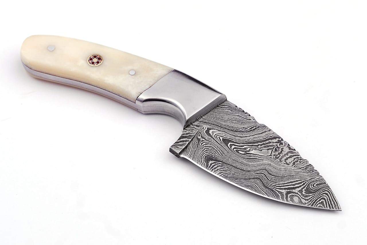 GladiatorsGuild DH76 Custom Made Full Tang Skinner Fixed Blade Small 8" Skinning Knife with Sheath Damascus Steel Pattern Welded DH76 (White)