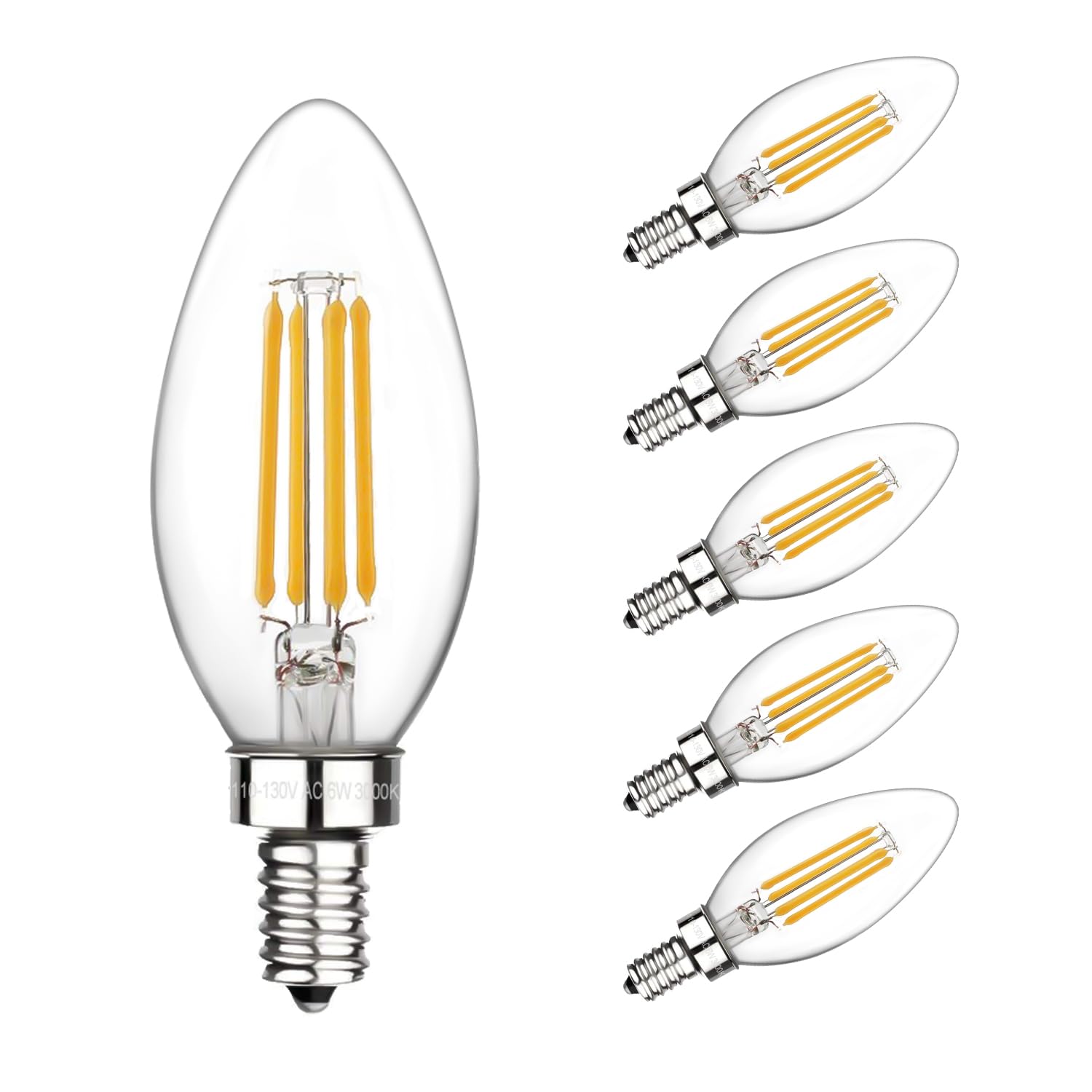 E12 Candelabra Bulbs 60 Watt Dimmable, LED Chandelier Light Bulbs Candle Bulb 6W 3000K Soft White, B11 LED Bulb Filament Decorative Small Base 500 Lumens Clear Glass, Pack of 6