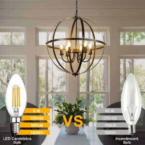 E12 Candelabra Bulbs 60 Watt Dimmable, LED Chandelier Light Bulbs Candle Bulb 6W 3000K Soft White, B11 LED Bulb Filament Decorative Small Base 500 Lumens Clear Glass, Pack of 6