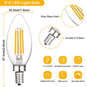 E12 Candelabra Bulbs 60 Watt Dimmable, LED Chandelier Light Bulbs Candle Bulb 6W 3000K Soft White, B11 LED Bulb Filament Decorative Small Base 500 Lumens Clear Glass, Pack of 6