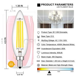 CRLight 8W 4000K LED Candelabra Bulb Daylight White, 80W Equivalent 800 LM Dimmable E12 LED Candle Bulbs, Upgraded Lengthened B11 Clear Glass Torpedo Shape Chandelier Light Bulbs, 4 Packs