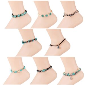 Finrezio 8PCS Anklets for Women Adjustable Boho Turtle Starfish Beac Ankle Bracelets Foot Jewelry Set Handmade