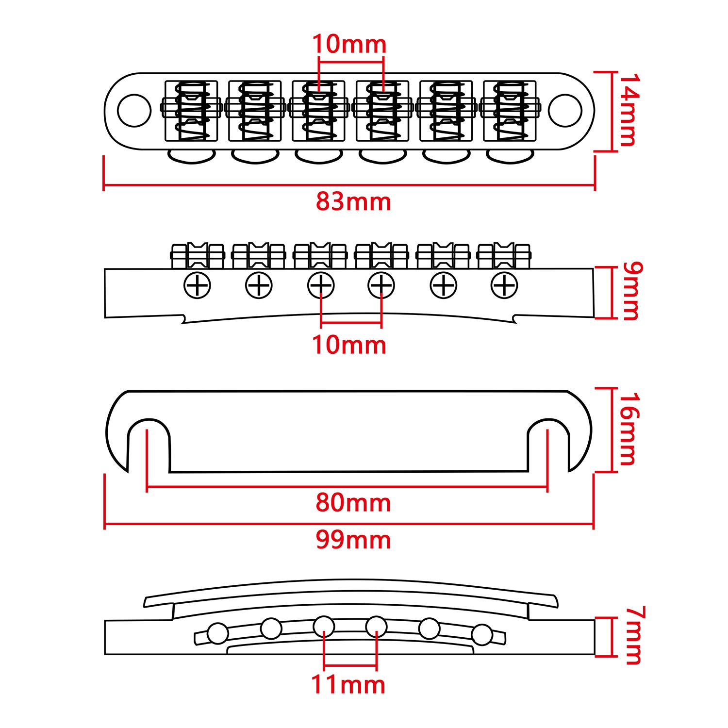 Swhmc 6 String Chrome Guitar Roller Saddle Tune-O-Matic Bronze Bridge Tailpiece for LP Electric Guitar Replacement Parts, Pack of 1