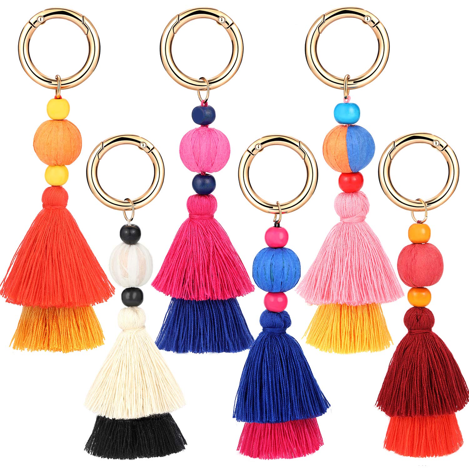 Tatuo 6 Pieces Handmade Bohemian Tassel Keychain Tassels Bag Key Chain Charm Handbags Pendant Key Chain Rings (Color Set 2)